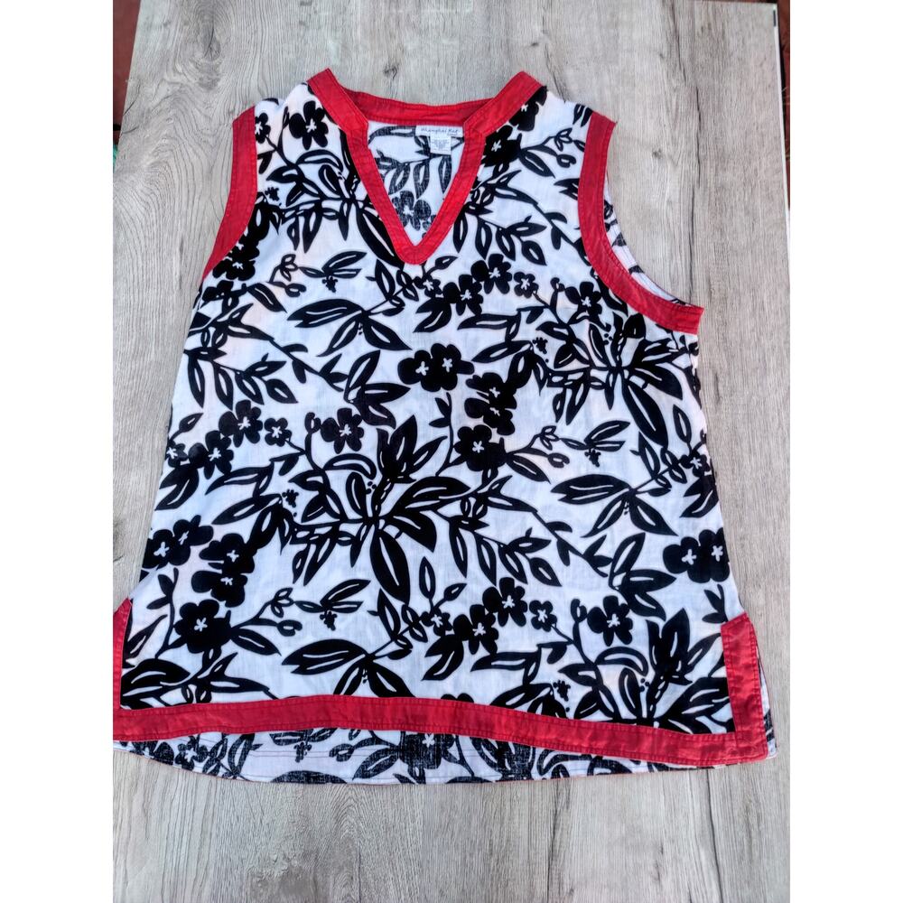 Shanghai‎ Red Floral Sleeveless Tunic 100% Linen Botanical Print Resort Wear  2X